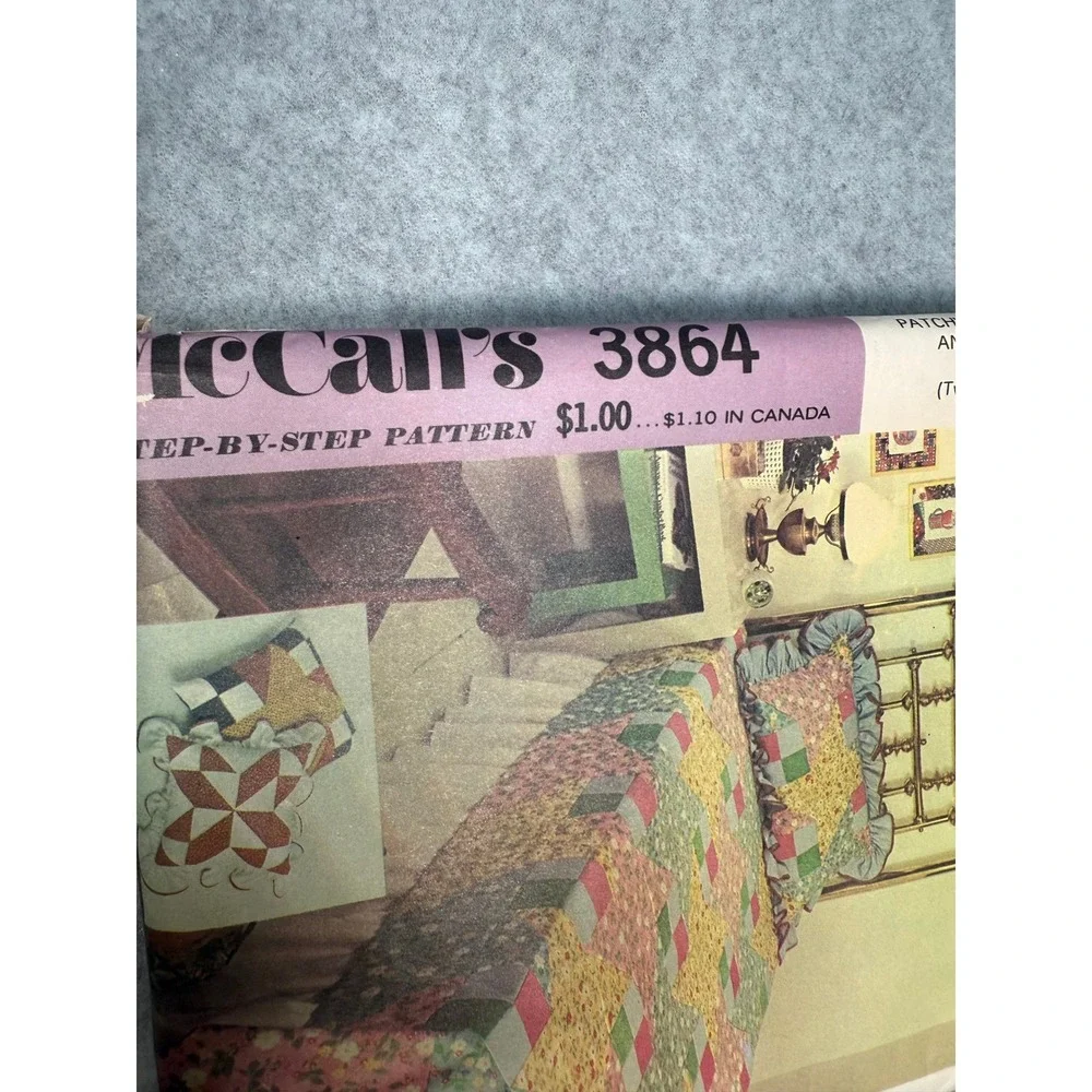 Vintage McCall's‎ 3864 Patchwork Bed Coverlet Pillow Pattern Uncut Pillows 70's